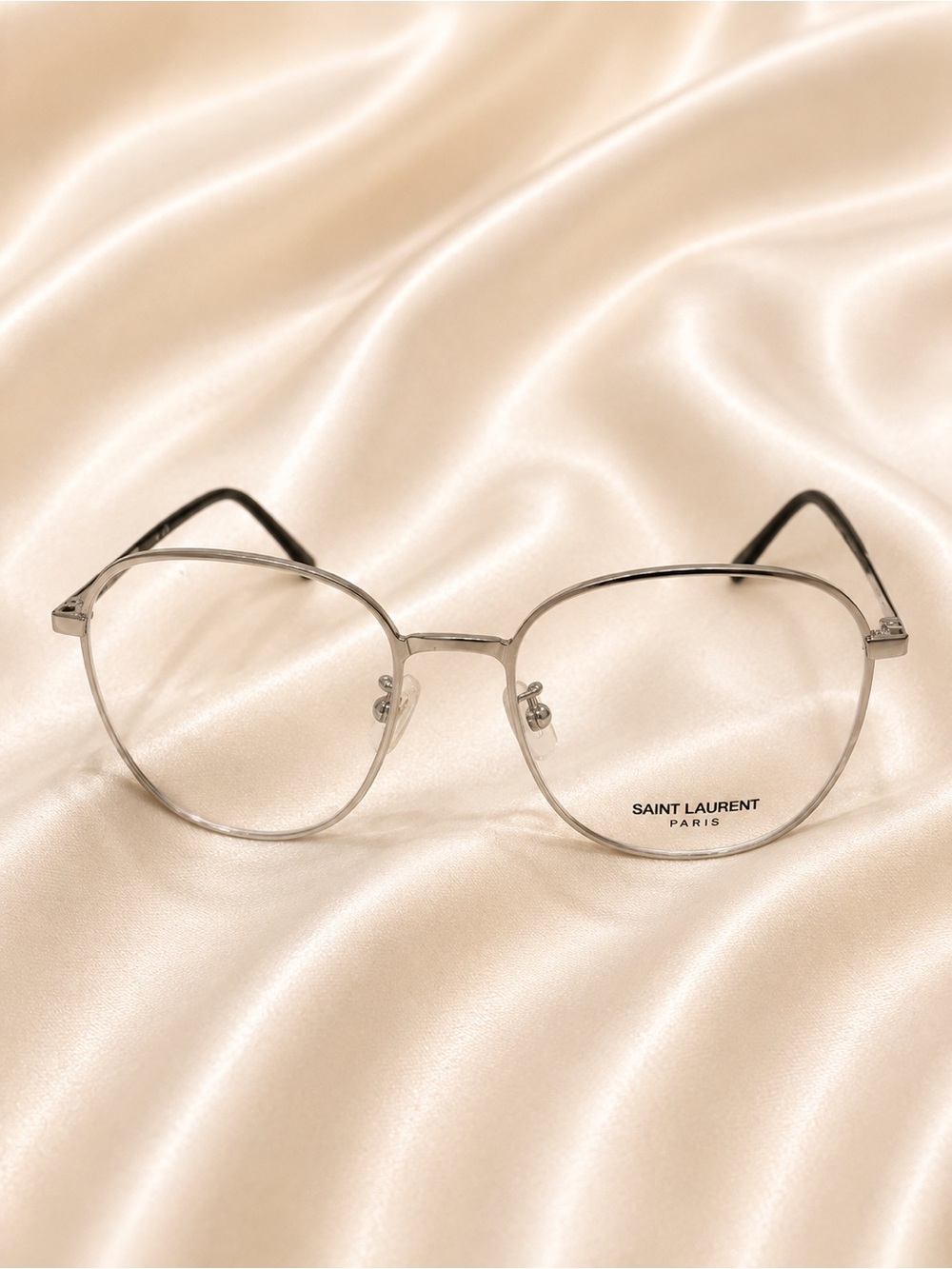 Saint Laurent Silver Metal Round Eyeglasses with Black Temples